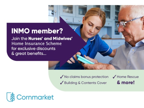 Nurse  in uniform and patient viewing a tablet screen together, text saying "INMO member? Join the nurses and midwives' home insurance scheme for exclusive discounts"